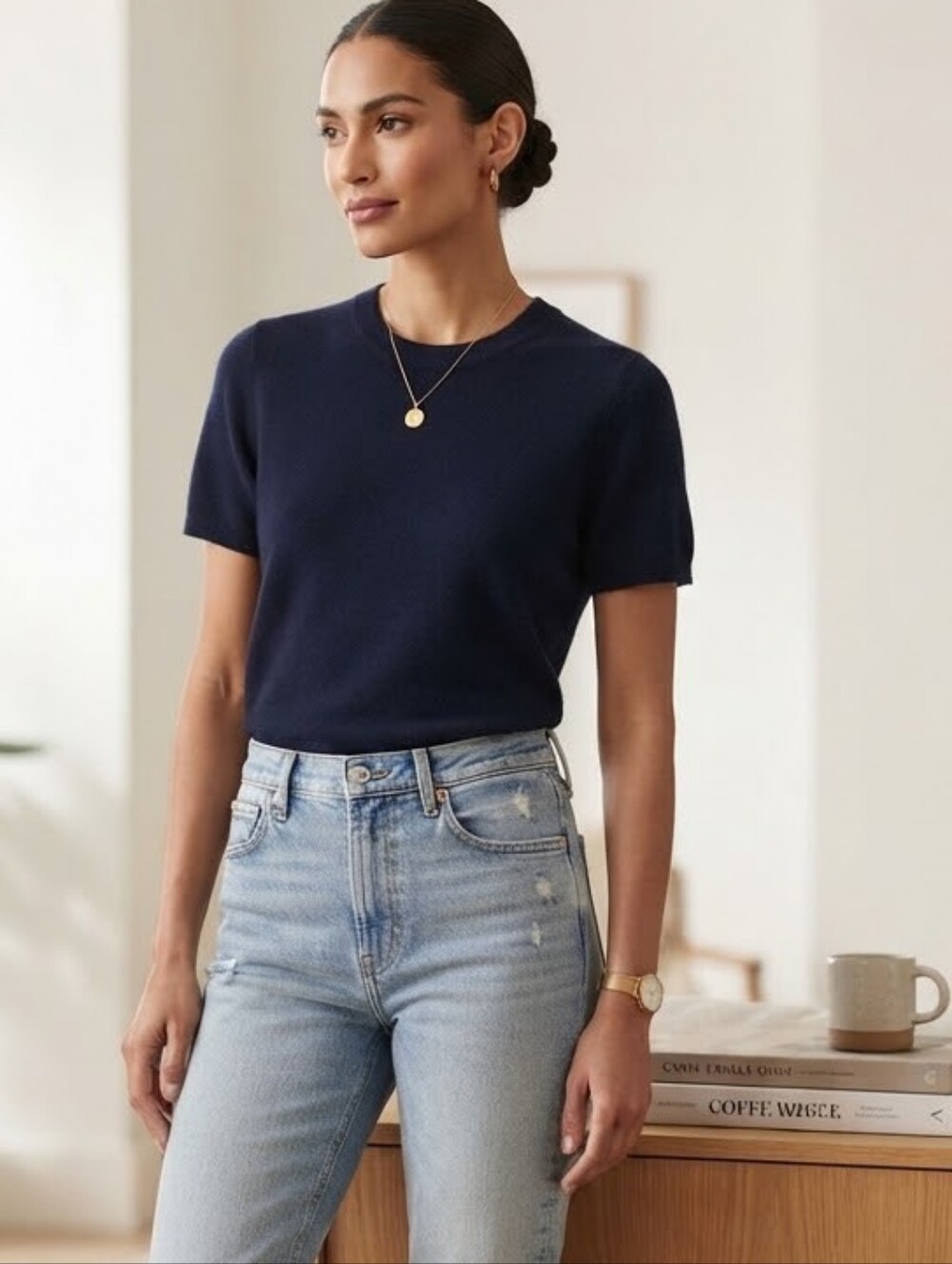 Quince Navy Short-Sleeve Crewneck Cashmere Sweater
